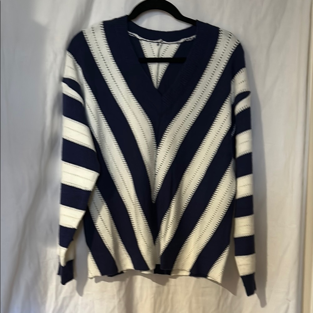 Striped V-Neck Sweater - Navy and White